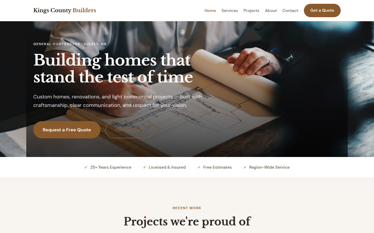 Desktop mockup of a portfolio-focused website design for a general contractor
