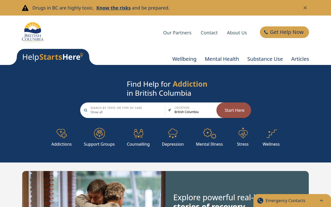 Desktop mockup of HelpStartsHere, a province-wide mental health resource hub