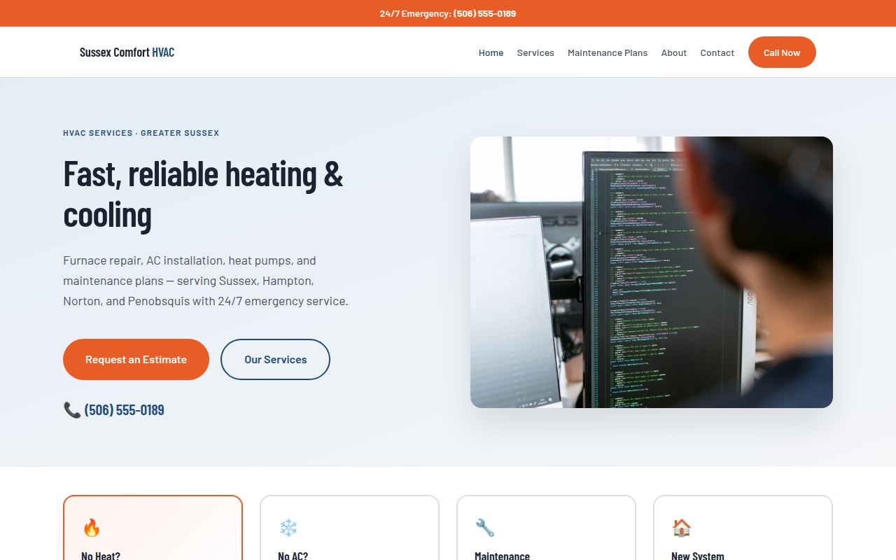 Desktop mockup of a mobile-first website design for an HVAC company