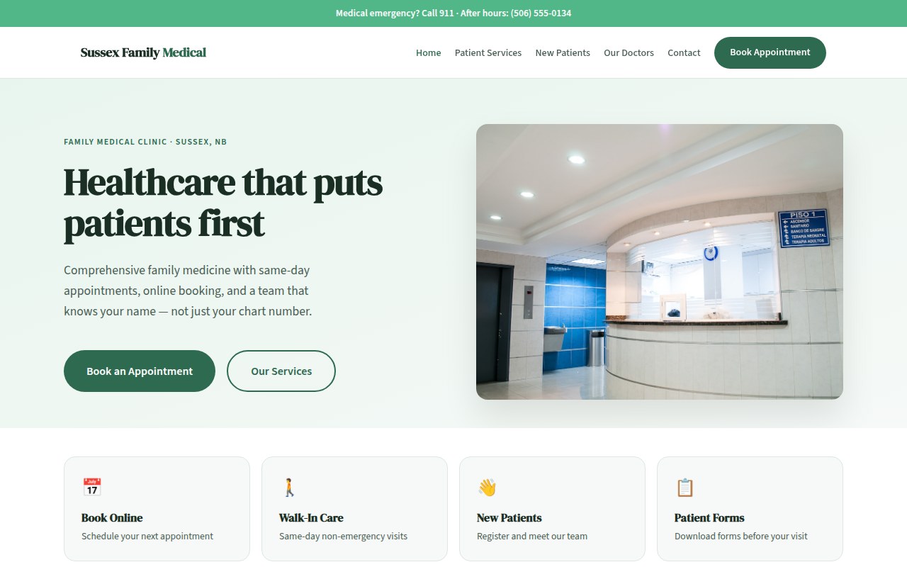 Desktop mockup of an accessible website design for a family medical clinic